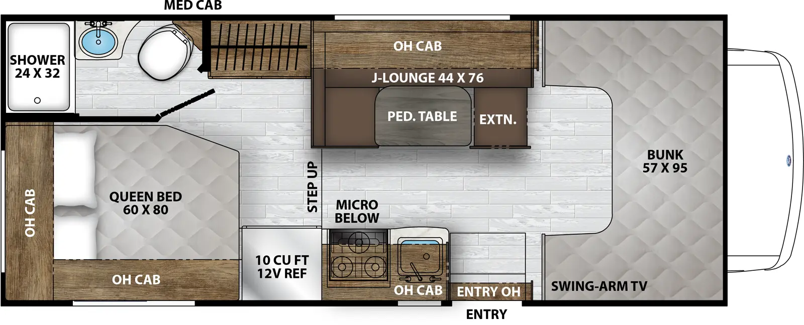 The Leprechaun 210QSS Chevy 3500 floorplan has one entry and zero slide outs. Exterior features include: 15' awning. Interiors features include: bunk over cab.